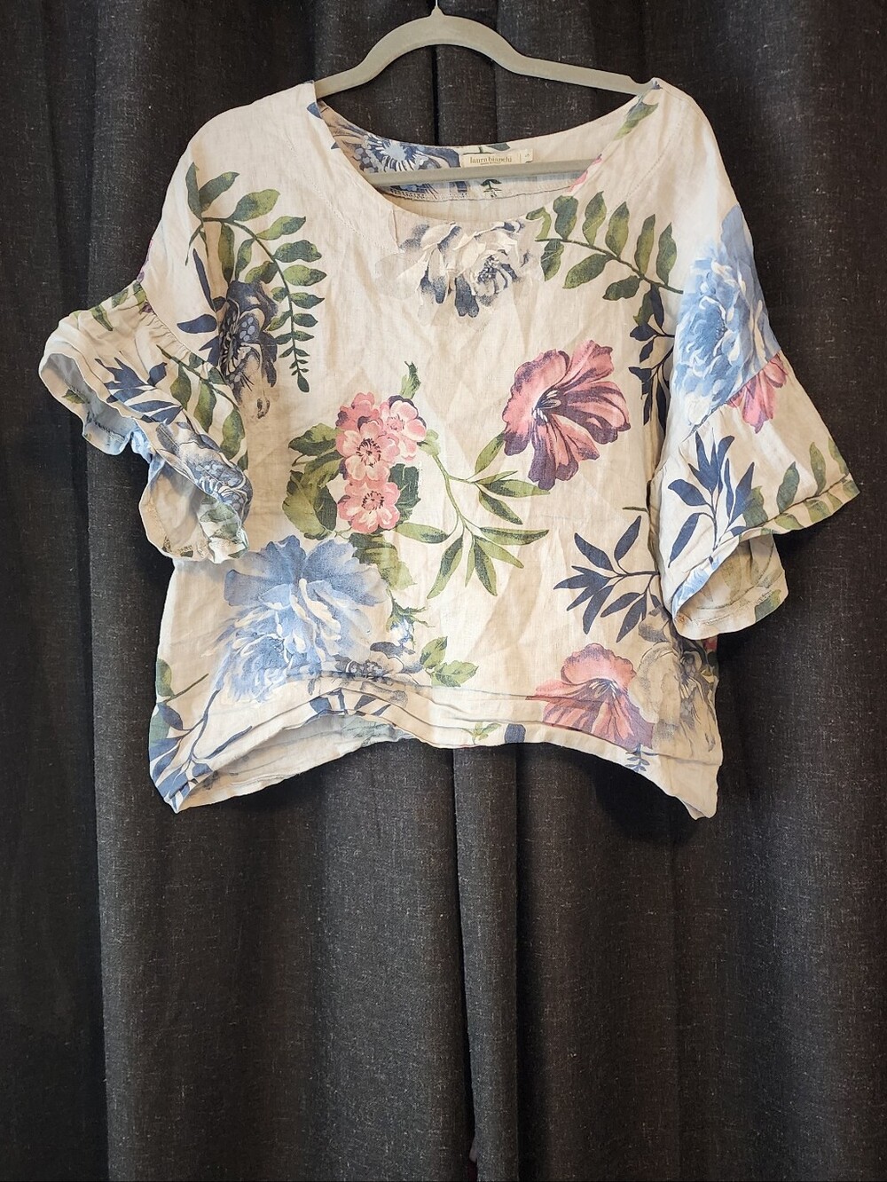 Laura Bianchi Made in Italy 100% Linen Floral Short‑Sleeve Top – Size S